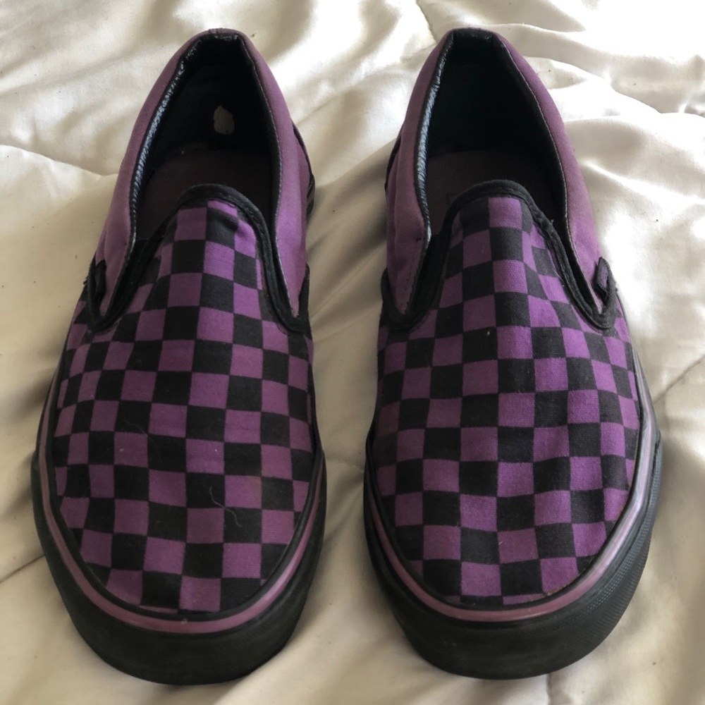 Purple and Black Checkered Slip-On Vans